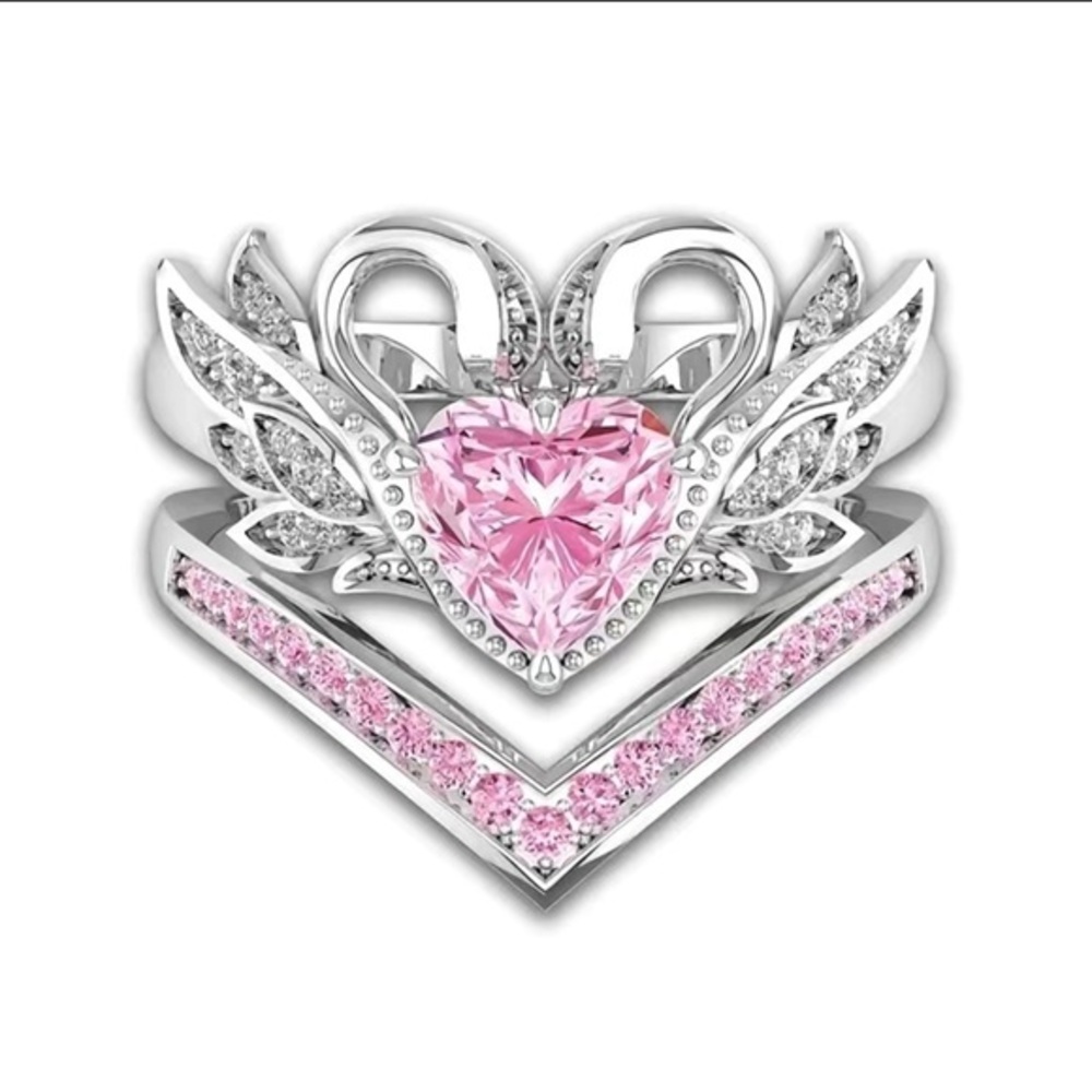 New! Beautiful 2 Piece Swan Engagement Ring Pink Silver Diamond Simulated Size 9